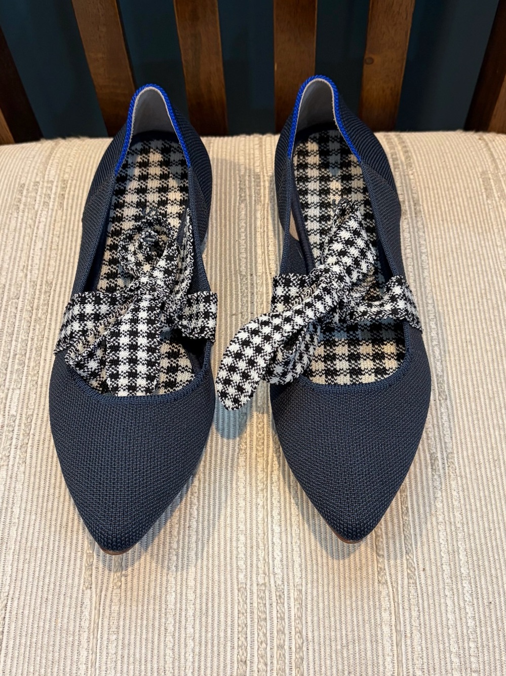 ROTHY’S Pointed Knit Flats with Houndstooth Bow - Navy/Black - Picture 1 of 7